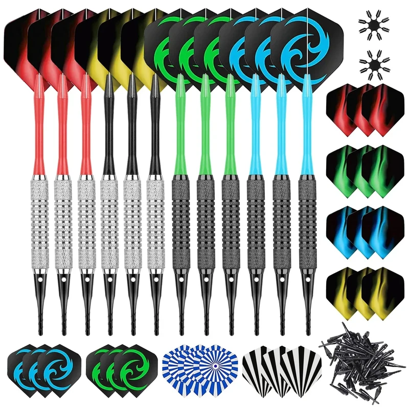 CareGames 12Stück Soft Dartpfeile Softdarts 16 Gramm mit PVC Schäften 50 zusätzlichen Dartspitzen 24 Flights für Elektronische Dartscheibem,Professionelle Softdart Set