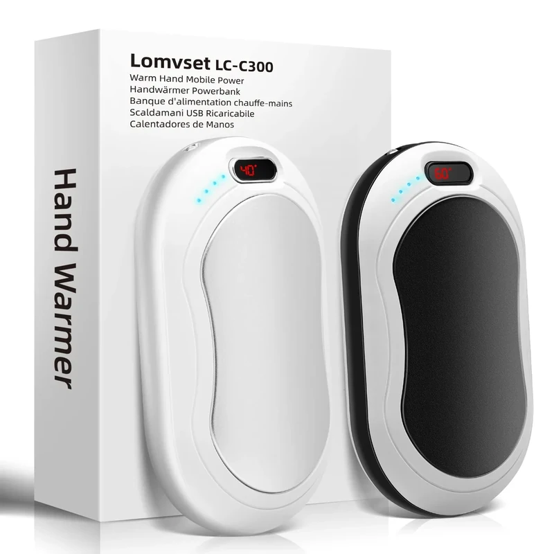 Lomvset Handwärmer Elektrisch 2er Set 10000 mAh, Taschenwärmer Wiederverwendbar mit Digitalanzeige, Handwärmer USB Aufladbar Powerbank Wintergeschenk für Damen Kinder（Schwarze&Silber）