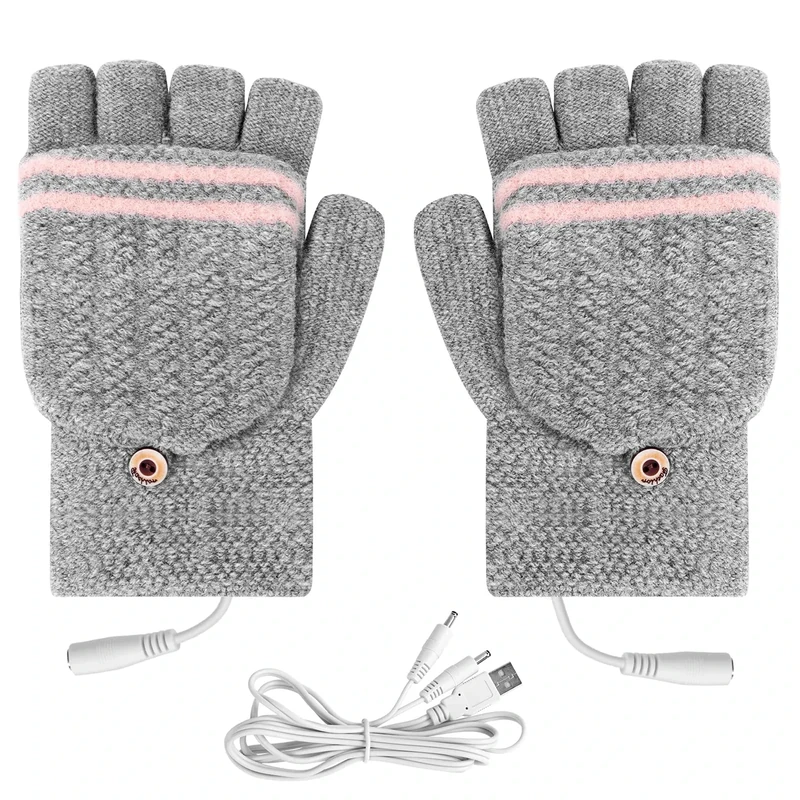 Flintronic USB Beheizte Handschuhe, Waschbares Heizung Stricken, Winter-Heiz, Volle und Halbe Hände, Warme Laptophandschuhe für Damen & Herren, Indoor und Outdoor, Grau