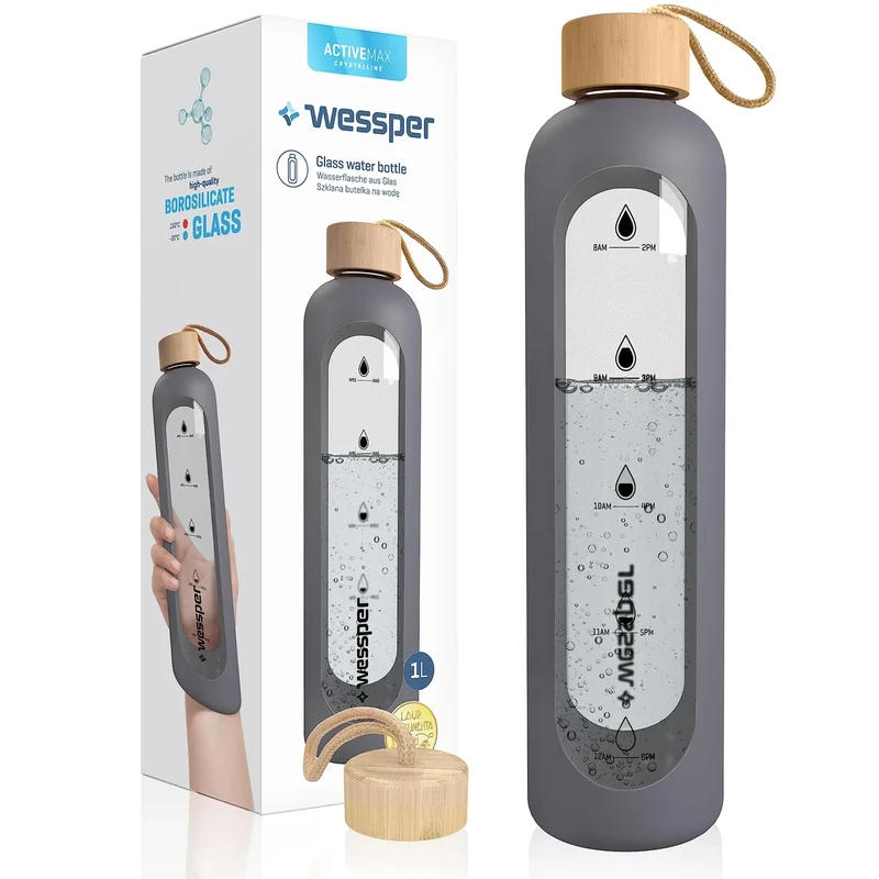 WESSPER Trinkflasche Glas 1L mit Zeitmarkierungen, BPA-frei Trinkmotivation Borosilikat Wasserflasche, Luftdichte Glasflasche mit Deckel Wiederverwendbar mit Silikonhülle - Grau
