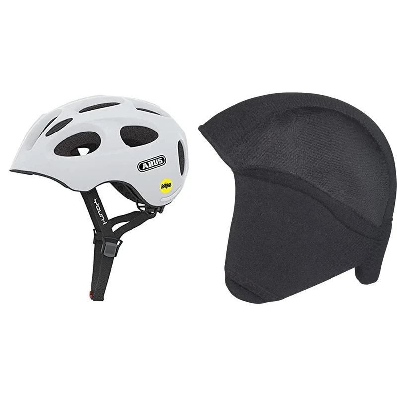 ABUS Kinderhelm Youn-I MIPS - Fahrradhelm mit Licht, Reflektoren und Aufprallschutz (MIPS) - für Mädchen und Jungen - Weiß Matt, Größe M & Winter Kit Child Fahrradhelm, Schwarz (Black), S