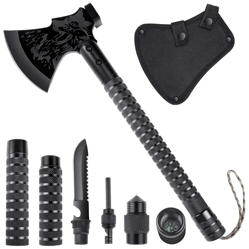 Japaknives Survival Axt 10 in 1, Spaltaxt für Holz, Schärfe Camping Beil, Multitool Campingäxte mit Outdoor Messer und Kompass，Handbeil mit Geschenkbox Schwarze äxte Set für Camping, Jagd, Garten