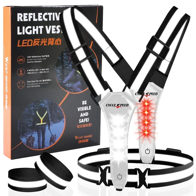 CYCLESPEED Led Reflective Vest Running Gear, Light Up Vest for Night Walking, High Visibility USB Rechargeable Adjustable Safety Running Lights for Runners Walkers Men Women Kids Black
