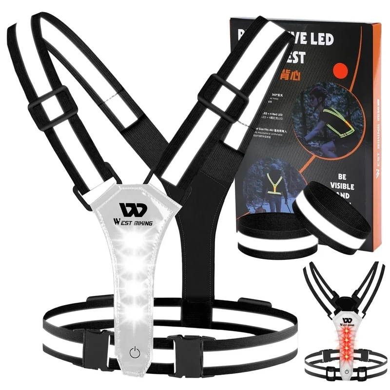 West Biking Warnweste Fahrrad Led Reflektorband Laufweste, USB aufladbar Leuchtband Joggen Reflektierende weste Leuchtweste, Elastische Einstellbar Lauflicht Erwachsene Kinder Hund Wandern