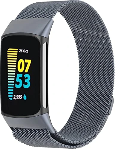 GLOBAL TECH Magnetisch Metall Armband Kompatibel mit Fitbit Charge 6/Fitbit Charge 5 Armband für Damen Herren, Verstellbares Metall Bänder für Fitbit Charge 6/Fitbit Charge 5 (Metallisches Grau)