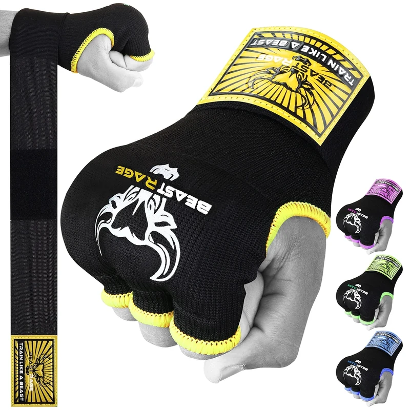 BEAST RAGE Boxbandagen Herren, Gelhandschuhe MMA 75 cm lang Boxbandagen elastisch, gepolstert Gel Innenhandschuhe Boxen, Boxsack, Training Muay Thai, Handbandagen Kinder (gelb, M (Adult)) - Image 1