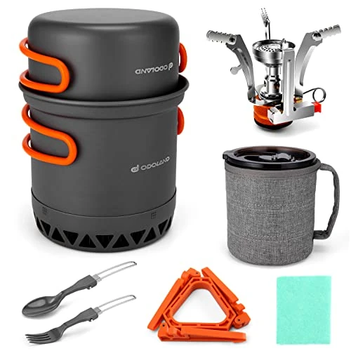 Odoland Outdoor Camping Geschirr Set, Kochen Wärmeaustausch Antihaft-Topf mit Gasherd, Kanister Stabilizer，Backpacker Mug für Backpacking, Wandern und Picknick für 1 bis 2 Personen