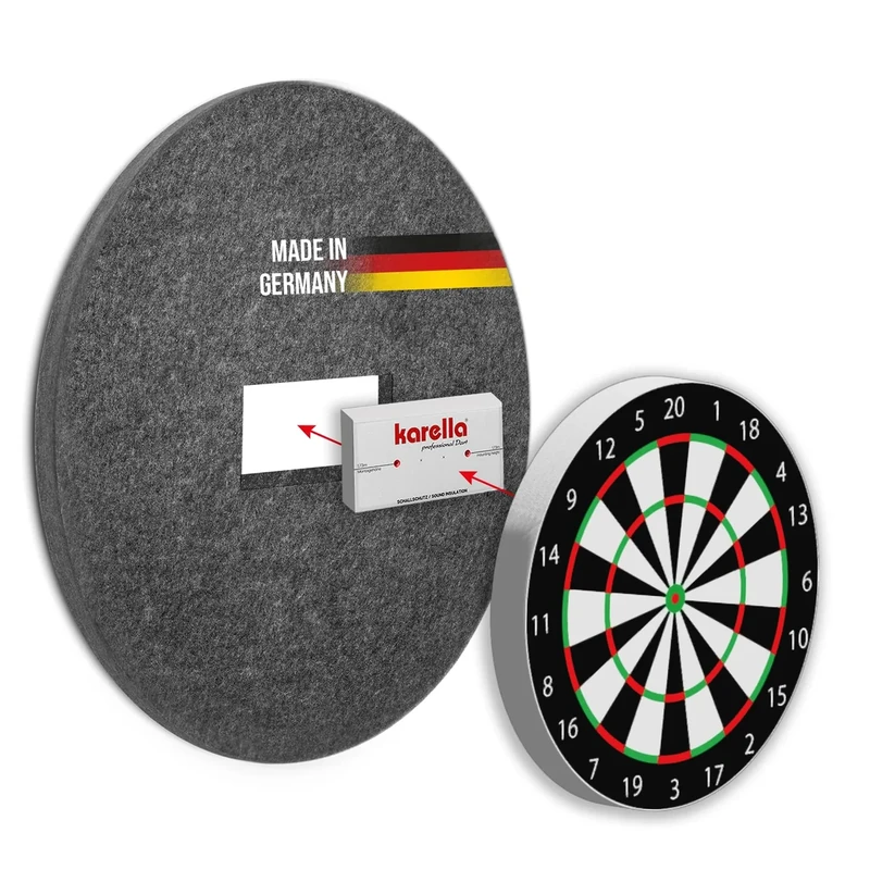 Karella Schallschutz für alle Steeldartboards, 2-TLG. mit integriertem Surround/Auffangring. Schalldämpfung, nachweisbar 80% Geräuschreduzierung beim Auftreffen Dartpfeil, patentiert, Made in Germany