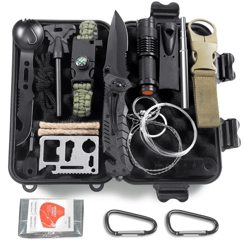 Graxury 13 in 1 Survival Kit Mehrzweck-Survival-Kit, Erste-Hilfe-Set für Outdoor-Sport, Camping, Bergsteigen, Feuerstein/Thermodecke/Pfeife (Messer 13in1)
