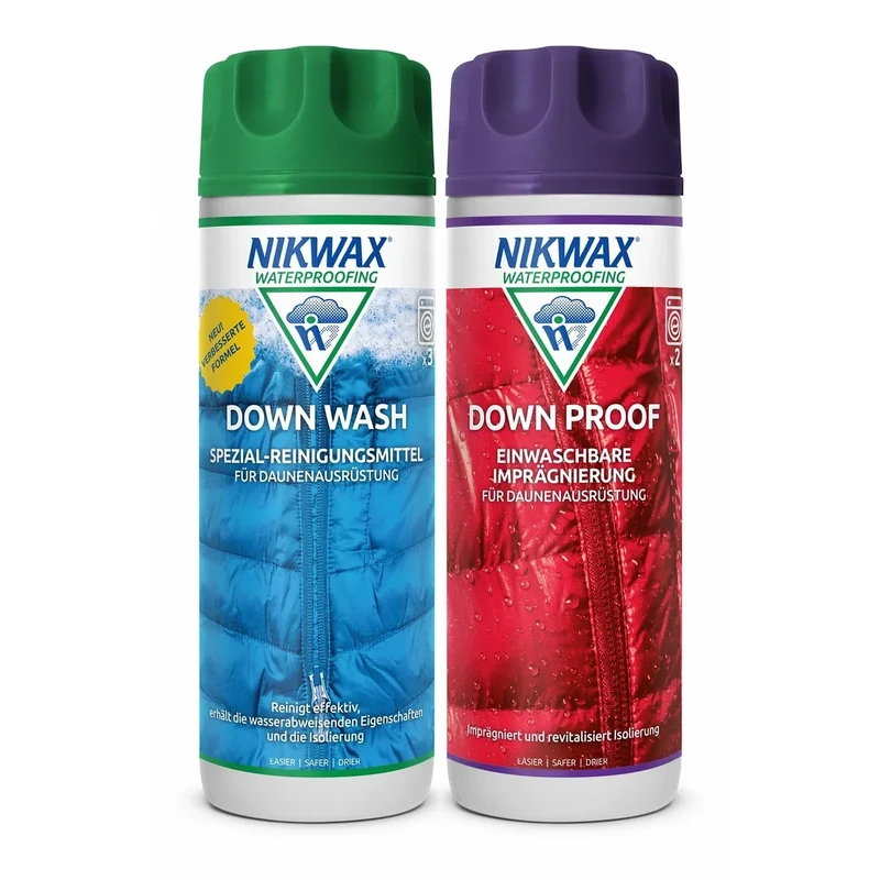 Nikwax Down Wash und Down Proof Doppelpack 2 x 300ml, zur Reinigung und Imprägnierung von Daunenbekleidung, Ausrüstung und Schlafsäcken