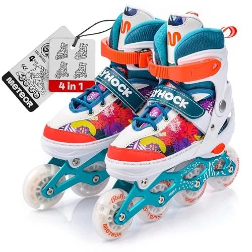 meteor verstellbare 4‑in‑1 Kinder Inline-Skates – Rollschuhe Inliner Schlittschuhe – ABEC‑7 PU‑Räder Aluminiumrahmen – Größen XS 25‑28 S 30‑33 M 34‑37