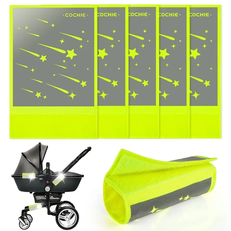 5 Stück Kinderwagen Reflektoren mit Klettverschluss Universal Sicherheits Reflektoren für Buggy, Fahrräde, Anhänger und mehr, Meteor Motiv, Neon Gelb