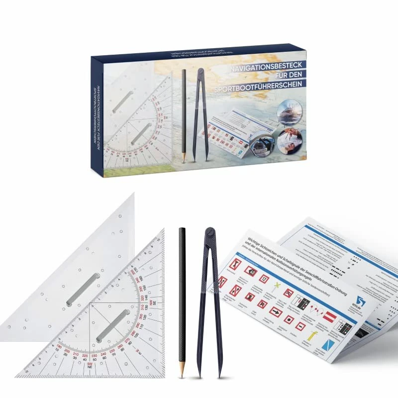 Navigationsbesteck SBF Sportbootführerschein - SBF See & Binnen - Ausbildungsset SBF - Navigationsdreieck, Anlegedreieck & Marinezirkel