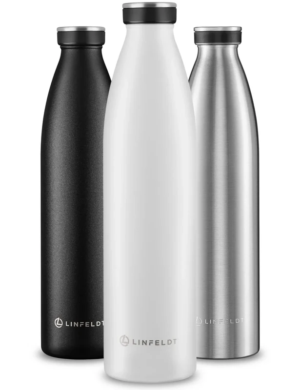 LINFELDT 1L Trinkflasche Edelstahl Isoliert 24H Auslaufsicher + Sprudel - 1000ml Wasserflasche geignet für Sport und Kohlensäure - 24H Kalt & 12H Heiß - BPA Frei - Ergonomisch in Weiß