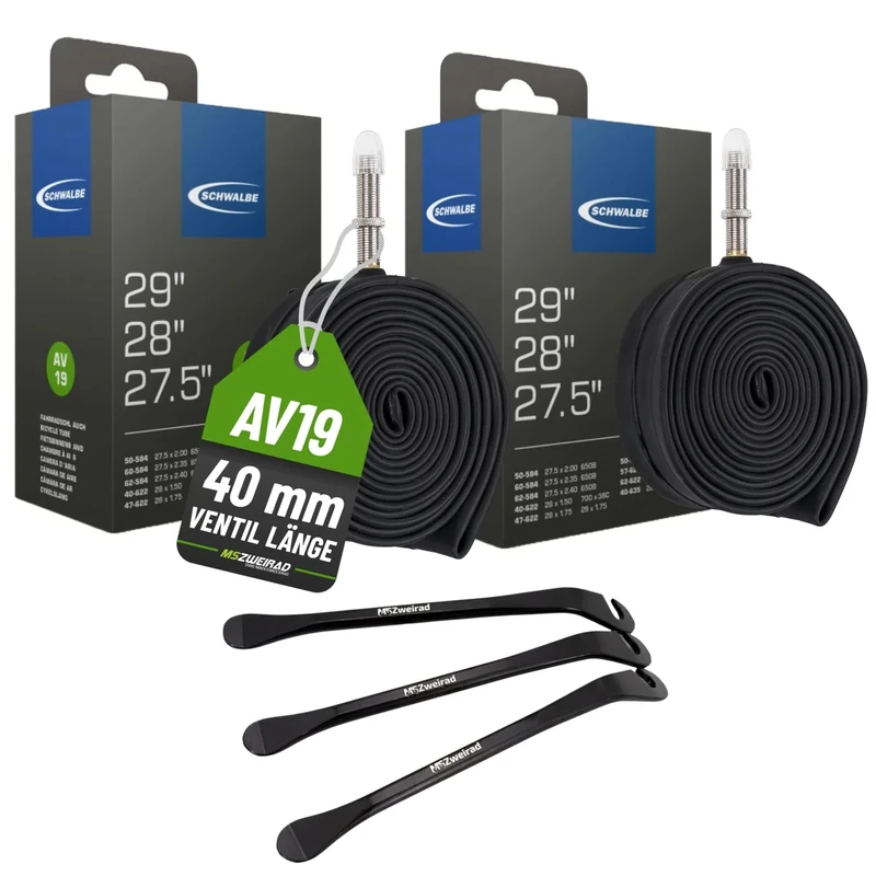2er Set Schwalbe Fahrrad Schlauch AV19 40mm für 27,5 28 29 Zoll (40/62-584/635) inklusive 3 MSZweirad Reifenheber