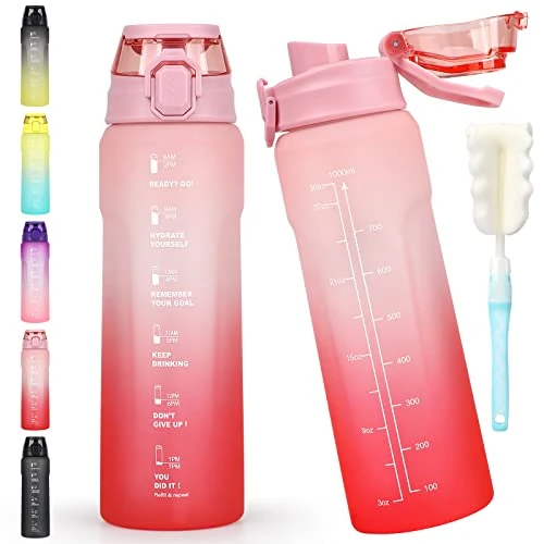 CodiCile Wasserflasche 1L, Sport-Wasserflasche mit Strohhalm und Trinkanschlussdeckel, Zwei Wege zu trinken, auslaufsichere Wasserflasche, BPA-freie Trinkflasche für Fitnessstudio, Büro, Rosa & Rot