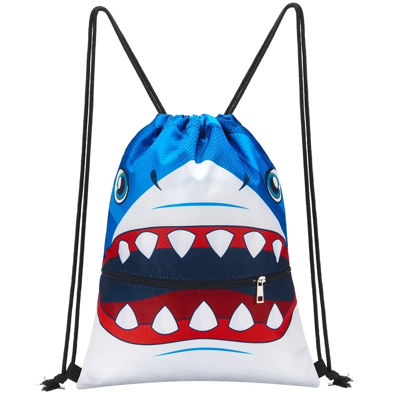 WAWSAM Hai Turnbeutel - Sportbeutel für Jungen Kinder Schwimmtasche für Strandschwimmen Schwimmbad Schule Stoffbeutel mit Reißverschlusstasche Wasserdichte Sporttasche