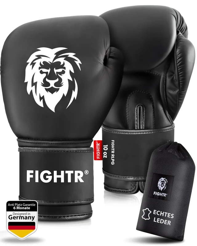 FIGHTR® Profi Boxhandschuhe aus echtem Leder | Männer und Frauen | für Boxen, MMA, Muay Thai, Kickboxen & Kampfsport 10 12 14 16 oz | inkl. Tragetasche (Schwarz, 12 oz)