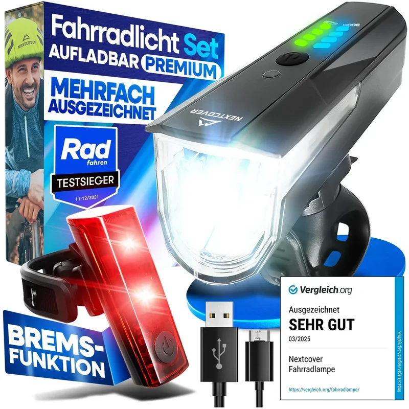 NEXTCOVER® Fahrradlicht Set - Das Original - mit [LightSense] Sensor & 12h Akkulaufzeit I USB aufladbar & wasserdicht I LED Fahrrad Licht vorne I Fahrradlampe & Fahrrad Rücklicht, Fahrradbeleuchtung