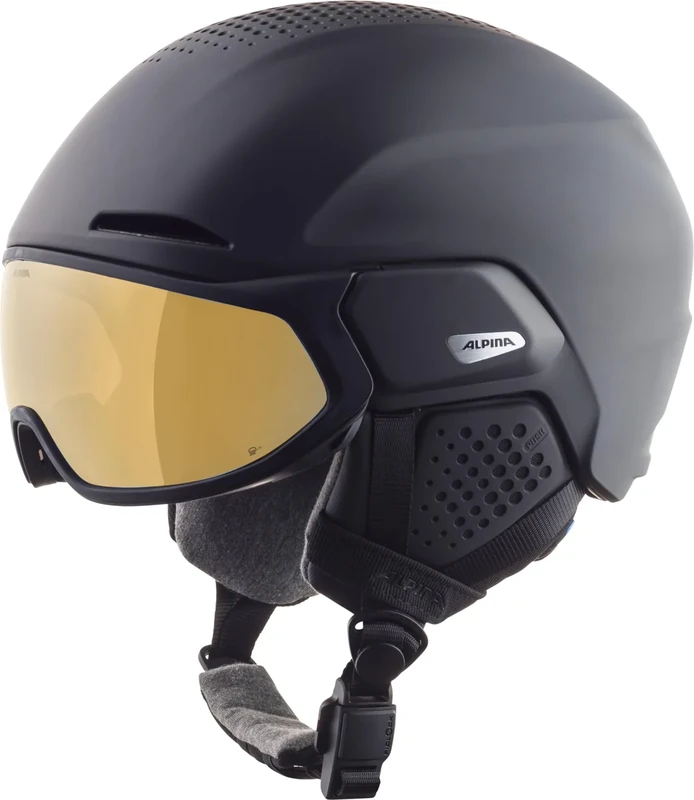 ALPINA Alto Q-LITE - sicherer, stoßabsorbierender & individuell anpassbarer Skihelm für Erwachsene, mit kontrastverstärkendem Visier - Black matt (Gold Mirror) - L (59-63 cm)