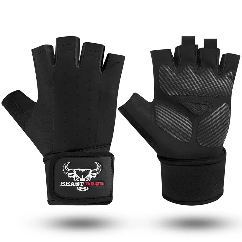BEAST RAGE Gewichtheberhandschuhe für Herren und Damen, Handgelenkstütze, gepolstert, Handflächenschutz, atmungsaktiv, eng anliegend, für Fitness, Training, Fitnessstudio-Handschuhe (Schwarz, XL)