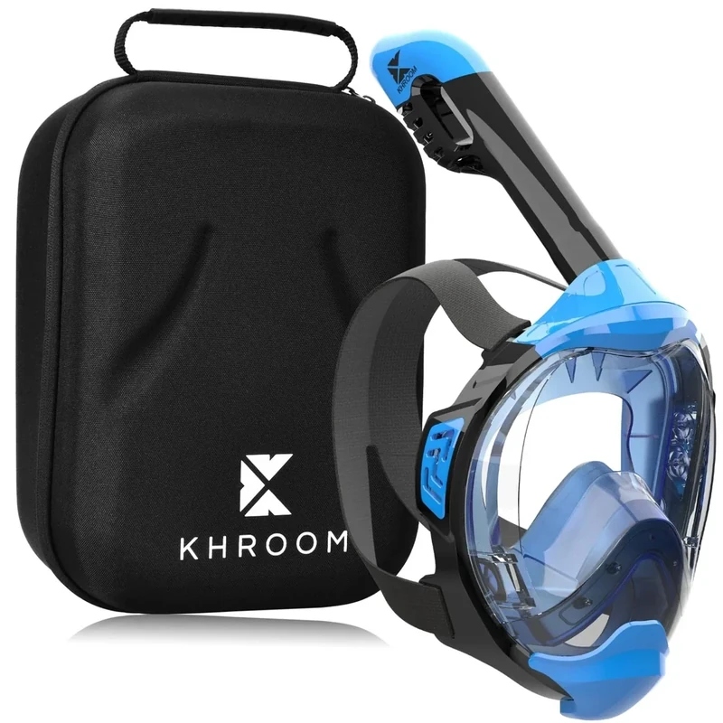 Khroom Schnorchelmaske Erwachsene & Kinder ab 3 Jahre | CO2 sicher | Vollgesichtsmaske mit Easy-Breath System | Schnorchelset Alternative | Seaview Y Tauchmaske Erwachsene / Kinder (S/M Blau+Case)