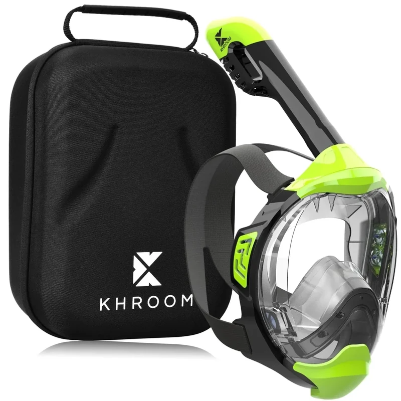 Khroom Schnorchelmaske Erwachsene & Kinder ab 3 Jahre | CO2 sicher | Vollgesichtsmaske mit Easy-Breath System | Schnorchelset Alternative | Seaview Y Tauchmaske Erwachsene / Kinder S/M Neon-Grün+Case