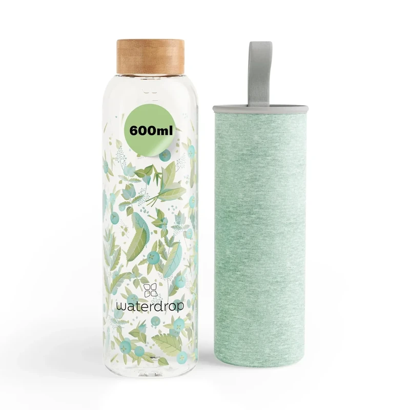 waterdrop® Flasche aus Glas 600ml - Trinkflasche Kohlensäure geeignet, BPA fei & spülmaschinenfest - auslaufsichere Wasserflasche mit Neoprenhülle - Borosilikat Glasflasche mit Schraubverschluss