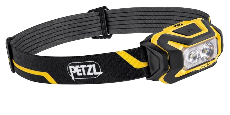 PETZL ARIA 2R, kompakte, langlebige, wasserdichte Stirnlampe mit wiederaufladbarem Akku, 600 Lumen, schwarz/gelb, Weiß