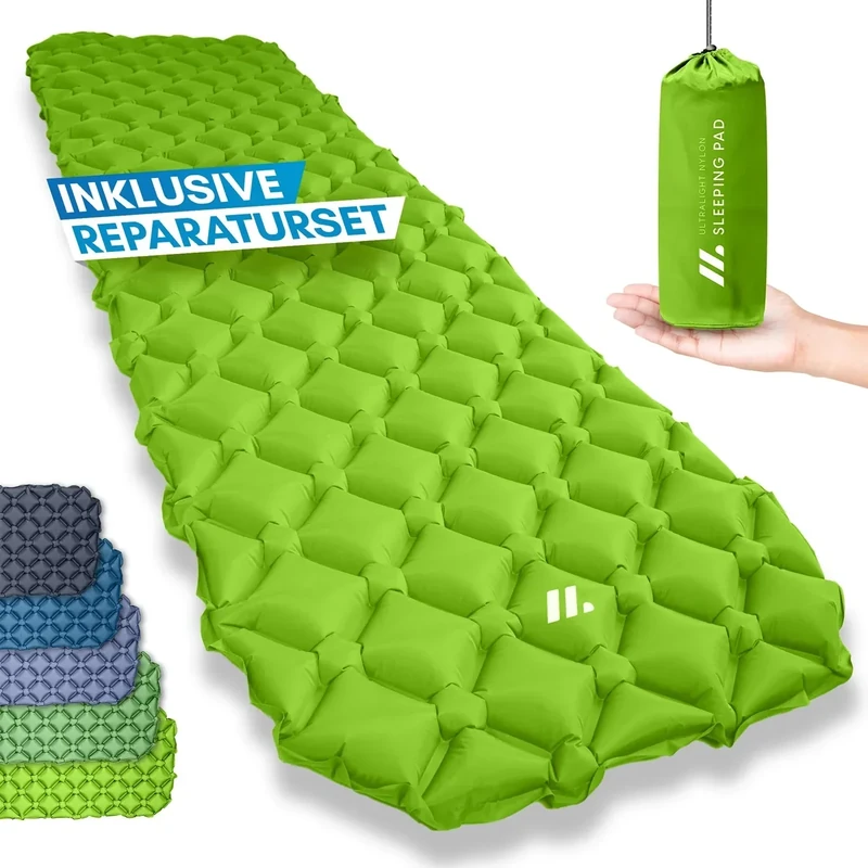 NORDMUT® 600g Isomatte Ultraleicht [mit Reparaturset] - Aufblasbare Luftmatratze Camping kleines Packmaß - Camping Matratze Wetterfest für Outdoor Zelt & Festivals - Grün