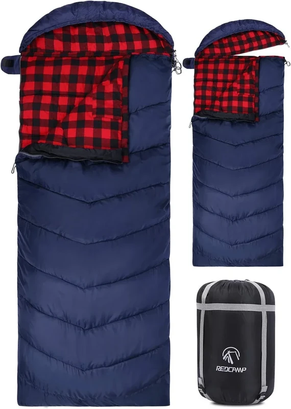 REDCAMP XL Baumwoll Schlafsack warm mit Abnehmbarer Kapuze,Bequeme Flanell Kompakt deckenschlafsack 3-4 Jahreszeit Kaltes Wetter Outdoor Winter für Angeln Camping, Rot mit 3lbs Füllung