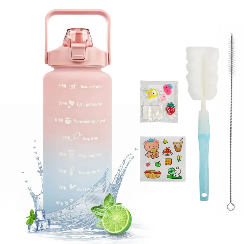 MOMSIV Trinkflasche 2L BPA-Frei, Große Kapazität Auslaufsicher Sport Wasserflasche mit Strohhalm Zeitmarkierungen to Drink & Lock Cover, Tritan-Wasserkrug Sportflasche für Die Fahrrad, Schule, Gym