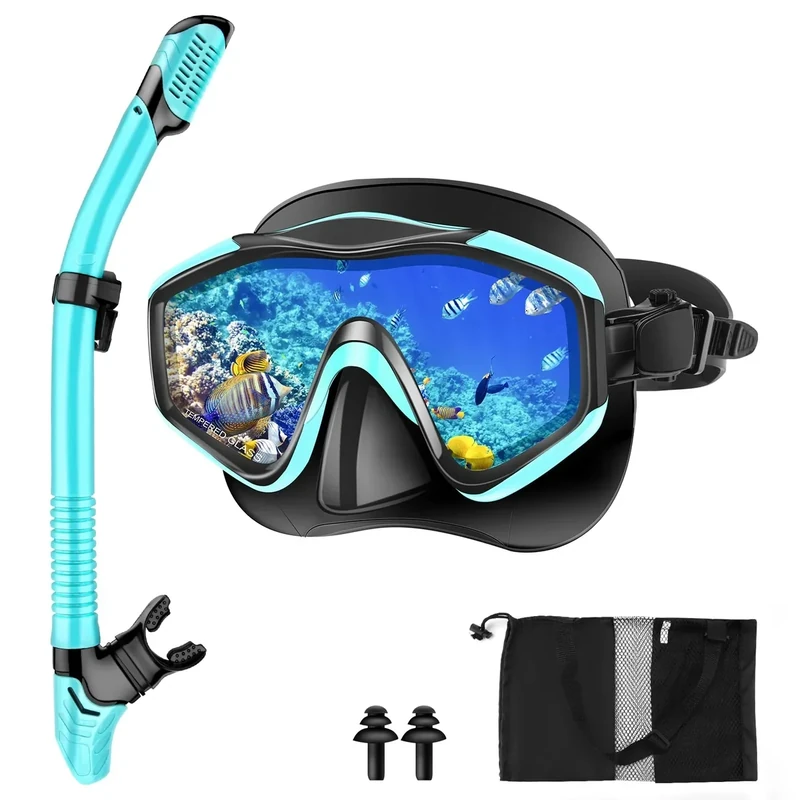 Nigecue Schnorchelset Erwachsene, Schnorcheln Set mit Taucherbrille und Dry Schnorchel, Anti-Leck Anti-Fog Tauchmaske aus Gehärtetem Glas für Schnorcheln, Schwimmen und Tauchen (Grün, Grün)
