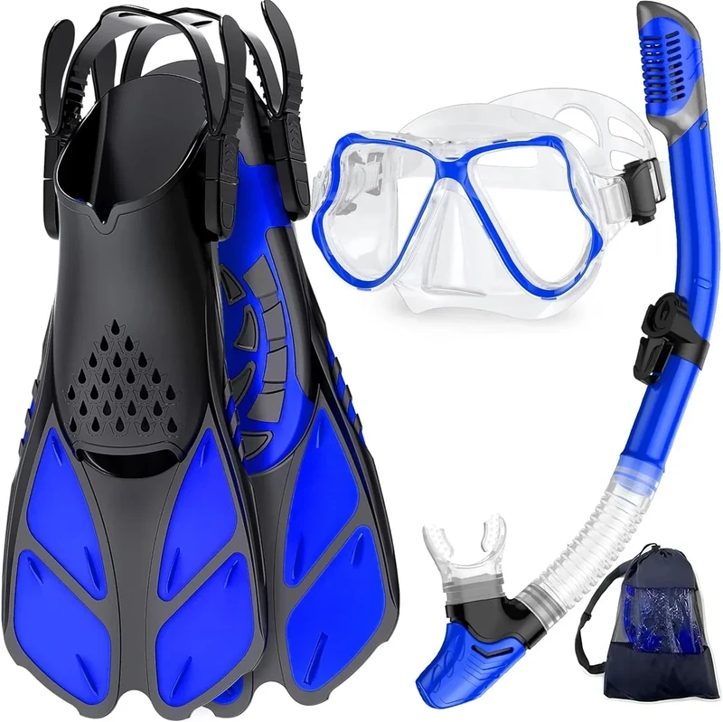 Zenoplige Schnorchelset Erwachsene mit Flossen, Anti-Fog Panorama Taucherbrille, Dry Top Schnorchel und Schwimmflossen, 3 in 1 Schnorchel Set für Schwimmen, Tauchen
