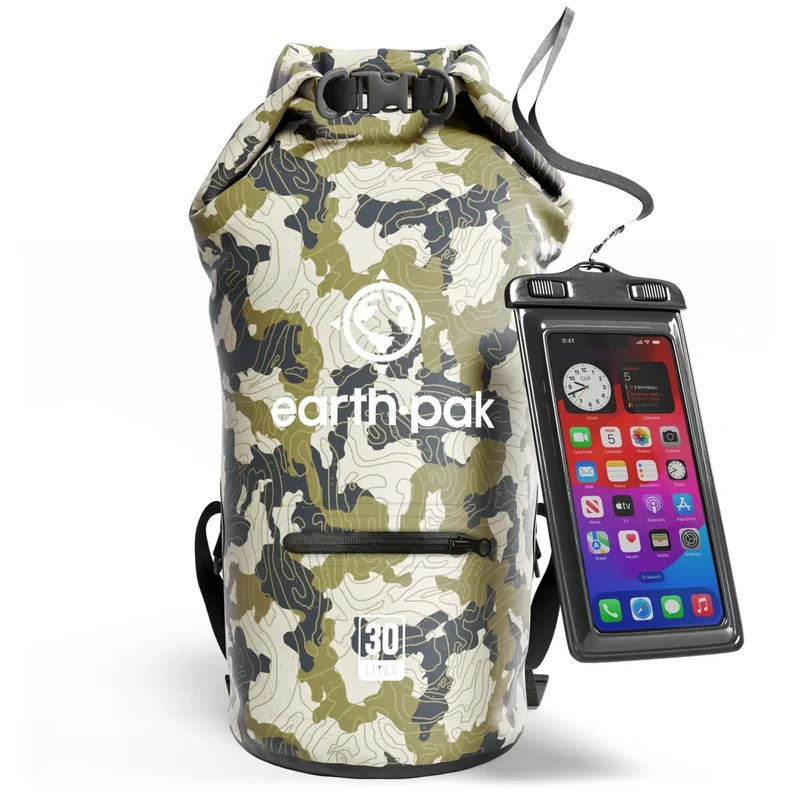 Earth Pak Dry Bag – Wasserdichter Packsack mit Reißverschluss Tasche, Schultergurt und wasserfester Handyhülle – Ideal beim Kajak Fahren, Camping, Angeln, Bootfahren und Rafting (Tarnung, 30L)