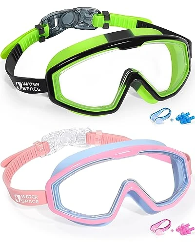 Water Space Schwimmbrille für Kinder, Jungen, Mädchen, Jugendliche, Kleinkinder, 3–6, 4–7, 6–14, 8–12, Anti-Beschlag, UV-Schutz und wasserdicht, 180°-Panorama, klare Weitsicht, kein Auslaufen, 2 Stück