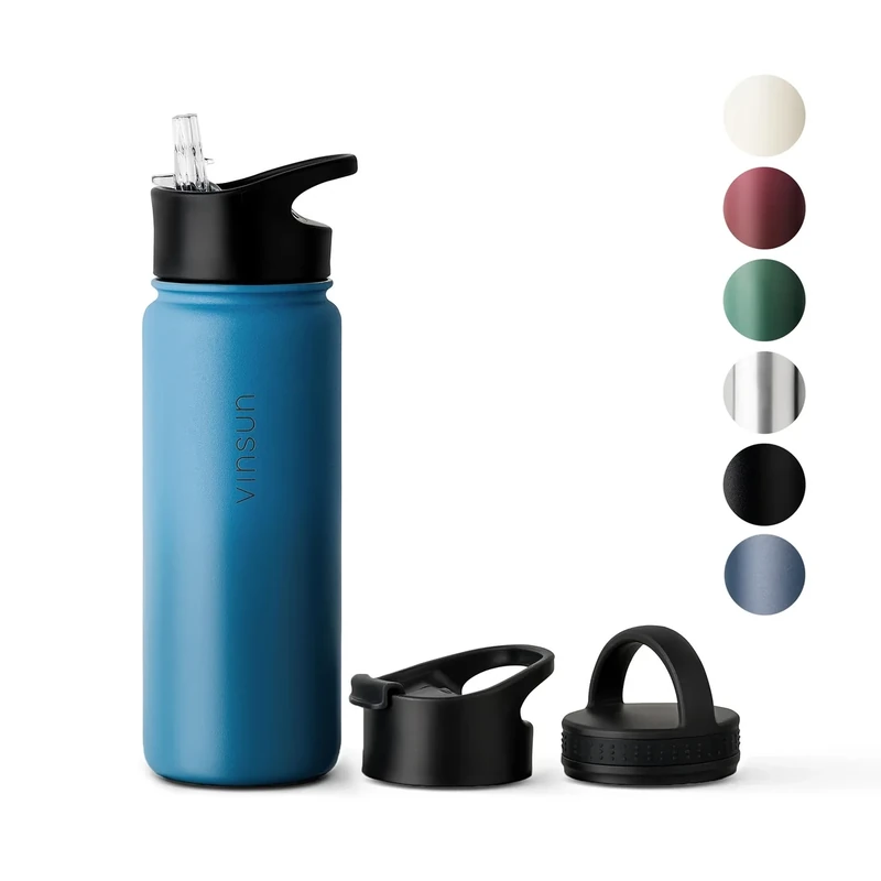 Vinsun Trinkflasche Edelstahl 500ml blau - auslaufsicher, Kohlensäure geeignet, BPA frei - 3 Deckel - Thermosflasche Sport, Outdoor, Schule, Uni, Fahrrad, Büro, Wandern