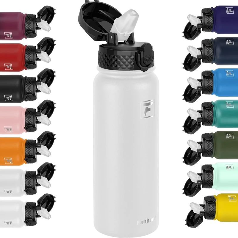 Fanhaw 600ML Edelstahl isolierte Sportwasserflaschen mit Strohhalm für Schule, Kinder, Männer und Frauen (Weiß)