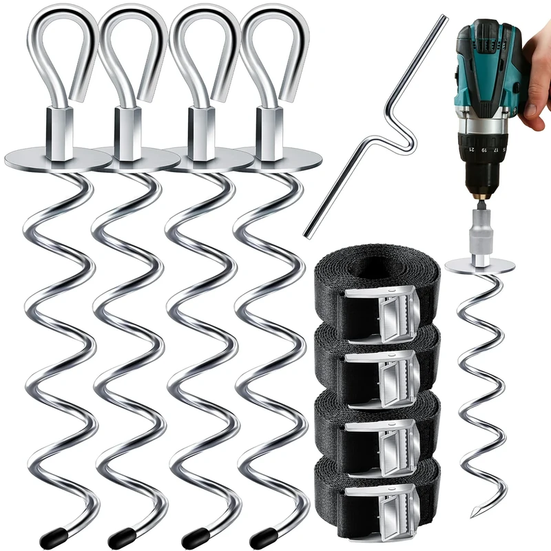KESSER® 4 Bodenanker Erdanker 9-teiliges Set Befestigung für Trampolin, Schaukel, Pavillon, Partyzelt, Gartenhaus, Schaukel, Zelt, aus 1cm Ø Edelstahl Zum Eindrehen, + 4 Gurte + Drehhilfe