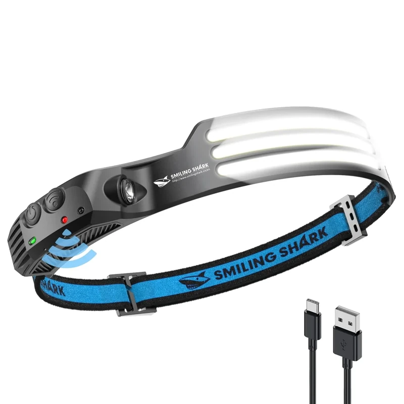 Smiling Shark Stirnlampe, 230°Wide Angle 3*LED Weiß Licht Streifen die Hellste Headlight Wiederaufladbar mit Wasserdichte Kopflampe Camping Joggen Angeln, Stirnlampe-LED-Headlight-Camping-Kopflampe - Image 1