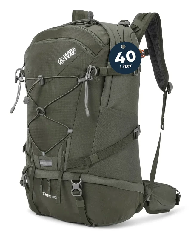 Terra Peak® Premium Wanderrucksack 40L (FLEX 40) Damen Herren & Erwachsene groß olive-grün (leicht) - Trekking-Rucksack wasserdicht - Daypack & Tagesrucksack Trinksystem & Rückenbelüftung zum Wandern