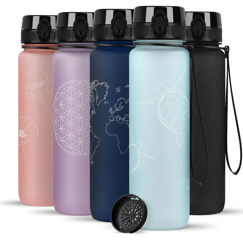 720°DGREE Trinkflasche 1l mit Motiv “uberBottle“ +Sieb - Auslaufsicher, Leicht, BPA-Frei, Bruchsicher - Wasserflasche für Uni, Sport, Fitness, Fahrrad, Outdoor - Mehrweg Tritan Sportflasche - Blau