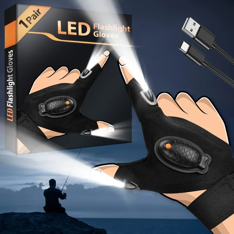 HANPURE Kleine Geschenke für Männer, LED Handschuhe mit Licht Mann Technik Gadgets, Papa Geschenk Weihnachten Männergeschenke, Angler Handwerker Wichtelgeschenk Erwachsene Nikolaus Geschenke Männer