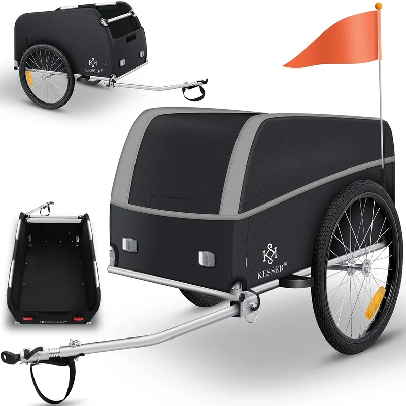 KESSER® Fahrradanhänger Lastenanhänger Transportanhänger Hochdeichsel mit Kupplung Hochdeichsel Anhänge für Fahrrad Transportbox 120 Liter Inkl. Regenschutz mit Klappfunktion & Fahne 40Kg Hellgrau