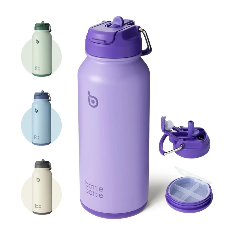 bottlebottle BOTTLE BOTTLE Edelstahl Trinkflasche 1L mit Strohhalm – Auslaufsichere Isolierflasche für Sport & Fitnessstudio, mit Pillenfach, BPA-frei, doppelwandig (Violett)