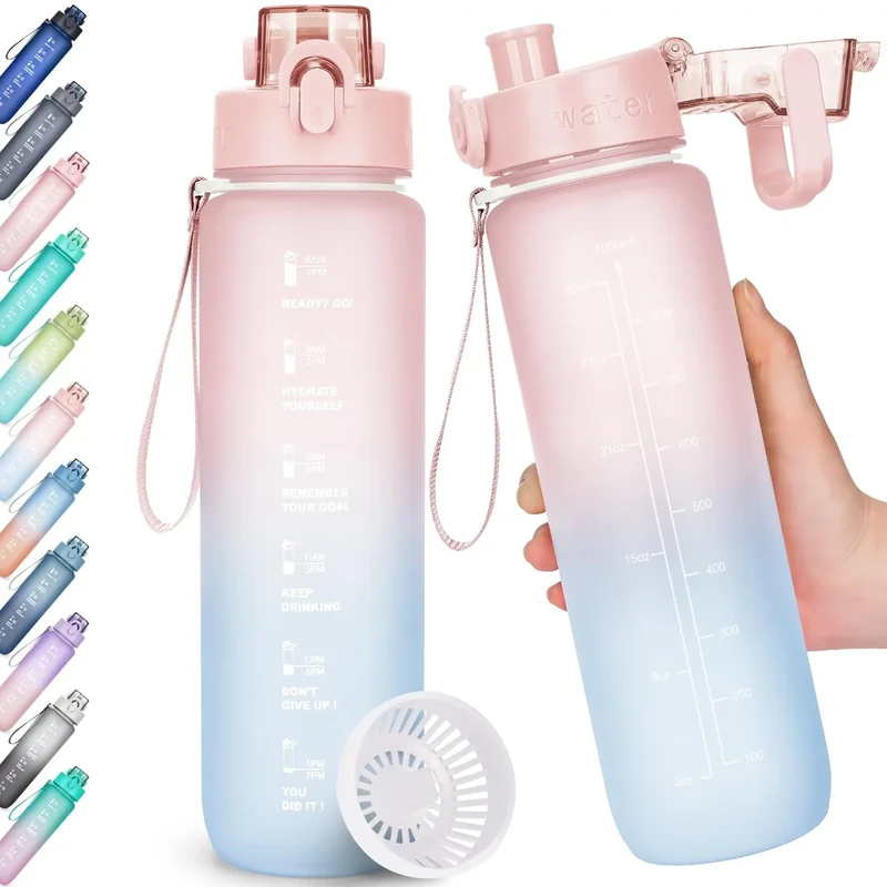 AOHAN Trinkflasche, 1l Wasserflasche BPA-Frei, Trinkflasche Sport Auslaufsicher, Sportflasche mit Zeitmarkierung für Fitness, Büro, Schule, Yoga, Outdoor
