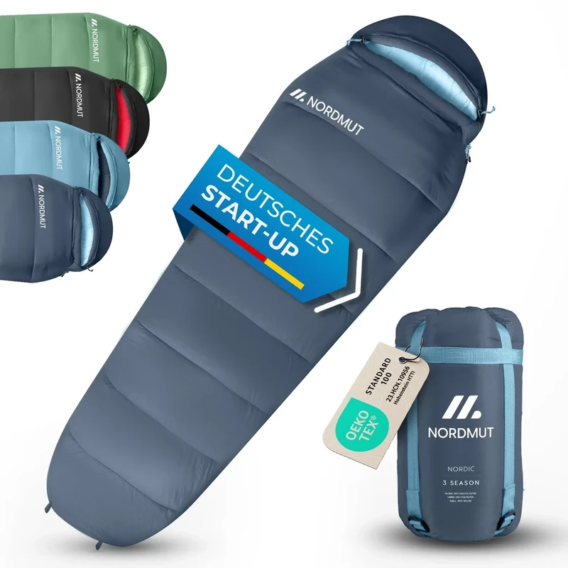 NORDMUT® Schlafsack Erwachsene – kleines Packmaß & Ultraleicht (900/1500g) – 3-Jahreszeiten (250 GSM) & Sommerschlafsack (100 GSM) – Mumienschlafsack für Camping, Outdoor & Festivals