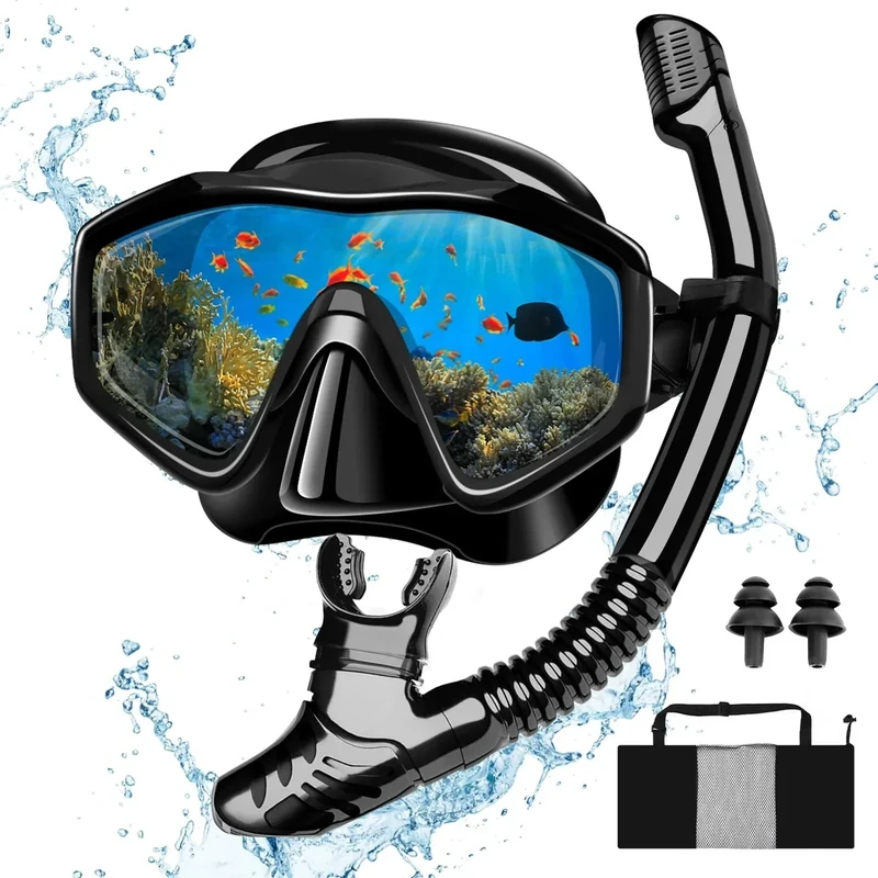MILFECH Schnorchelset Erwachsene, SchnorchelnSet mit Taucherbrille und Trocken Schnorchel,Anti-Fog Anti-Leck Schnorchelmaske aus Gehärtetem Glas,für TauchenSchnorcheln Schwimmen,DrySchnorchel(Schwarz)