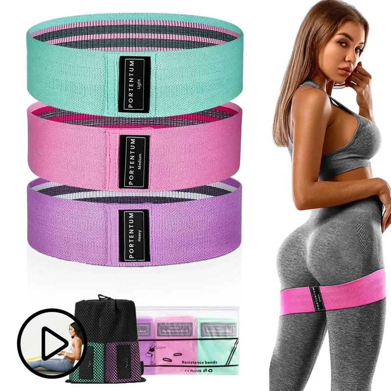 PORTENTUM Resistance Bands, Fitnessbänder Set Yogagurt in 3 Zugkraftstärken Trainingsband Yogaband ALS Widerstand und Unterstützung fürs Beintraining, Video mit enthaltenen Übungen, Rosa, Grün, Lila