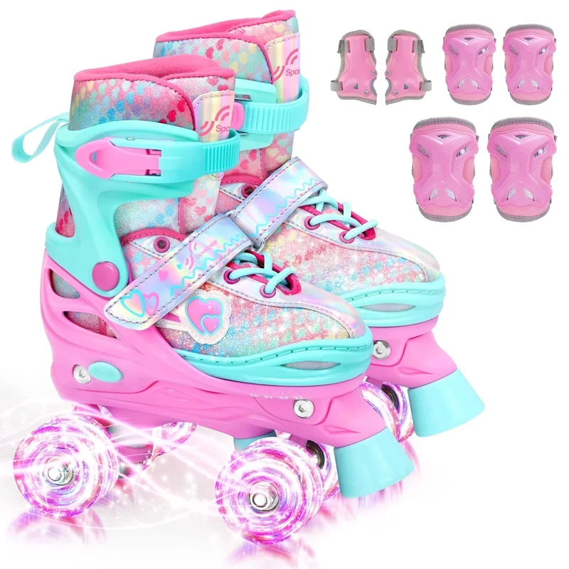 Rollschuhe Kinder Verstellbar Mädchen Rollerskates, Größe 26-37 Mit 6er Kinder Protektoren Set und Led Leuchtenden Rädern für Mädchen 1 Pair